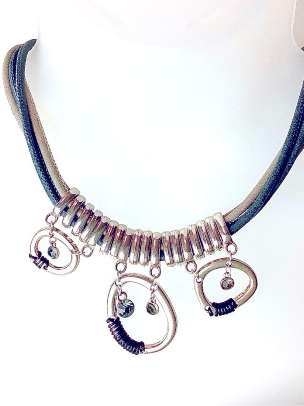 Vintage Silver Loop Pendant Necklace with Grey Cords